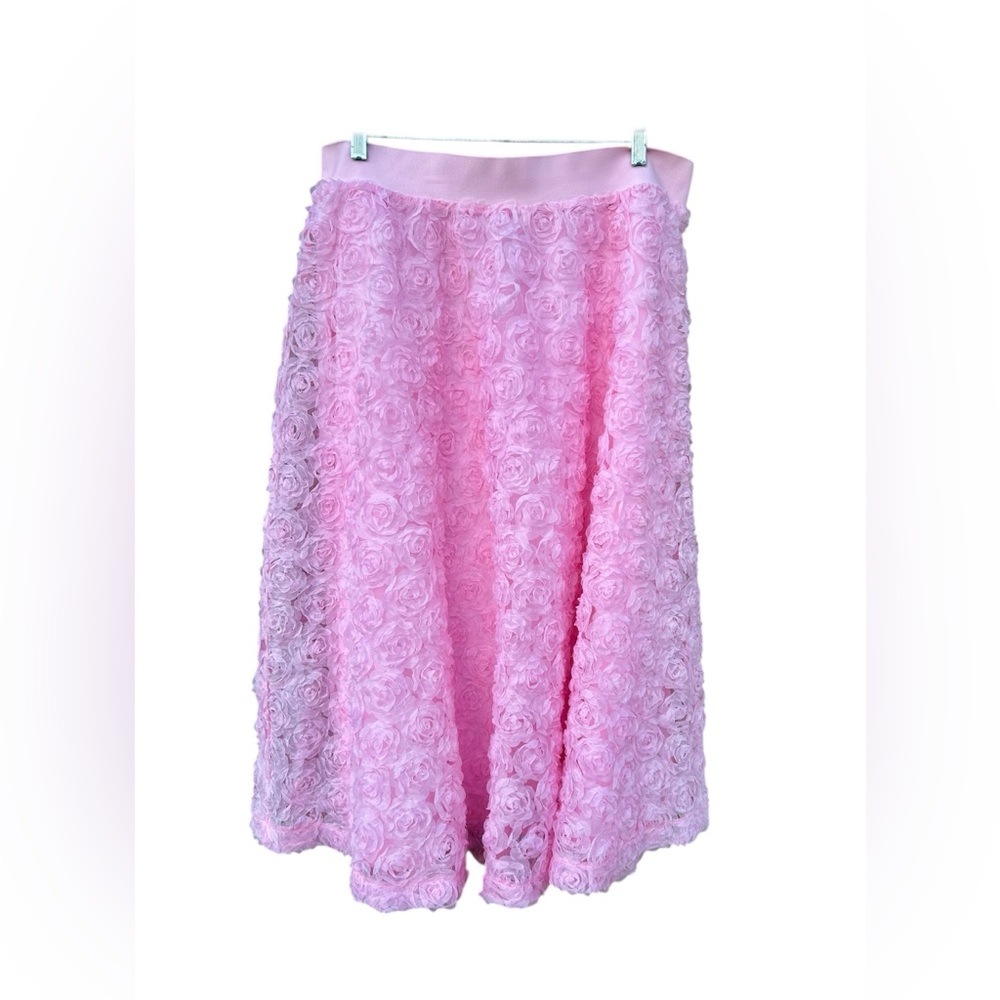 Tulle Midi Skirts Pink Rose 3D Floral Elastic High Waist A-Line Sz. XL